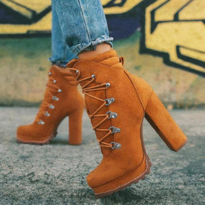 Women Round Toe Lace Up High Heel Boots