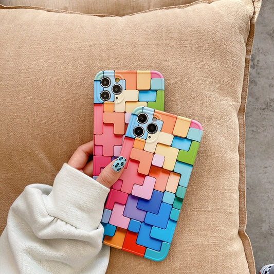 Colorful Tetris Block Phone Case For iPhone 7 - 13 Pro Max