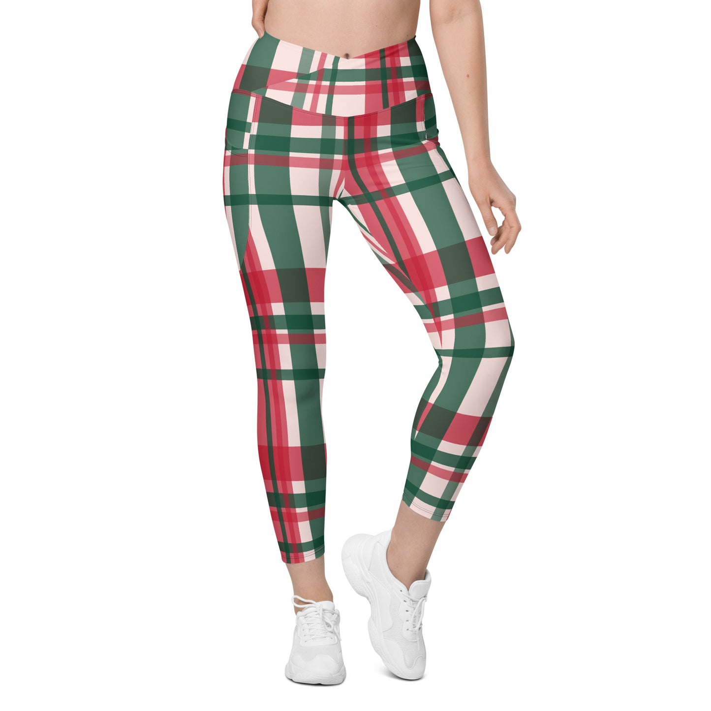 Peach Plaid Crossover leggings with pockets