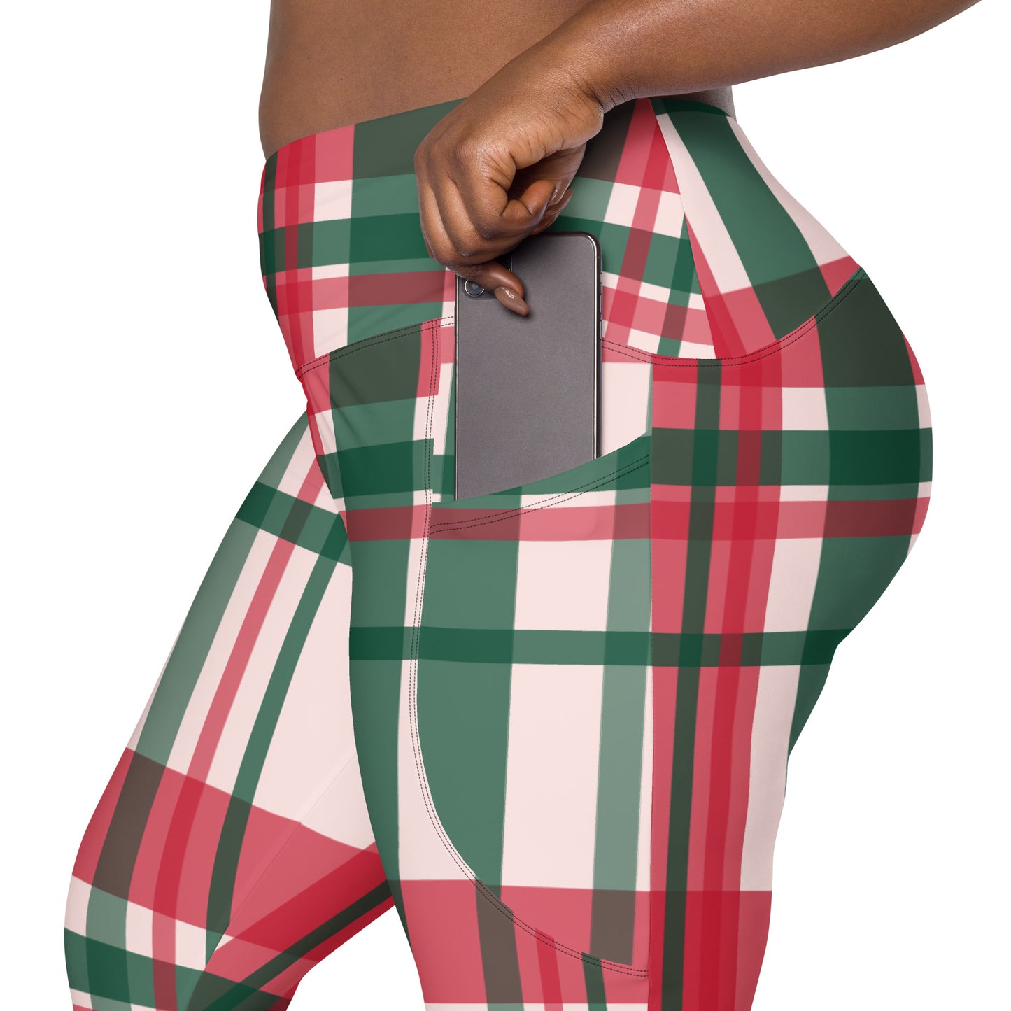 Peach Plaid Crossover leggings with pockets