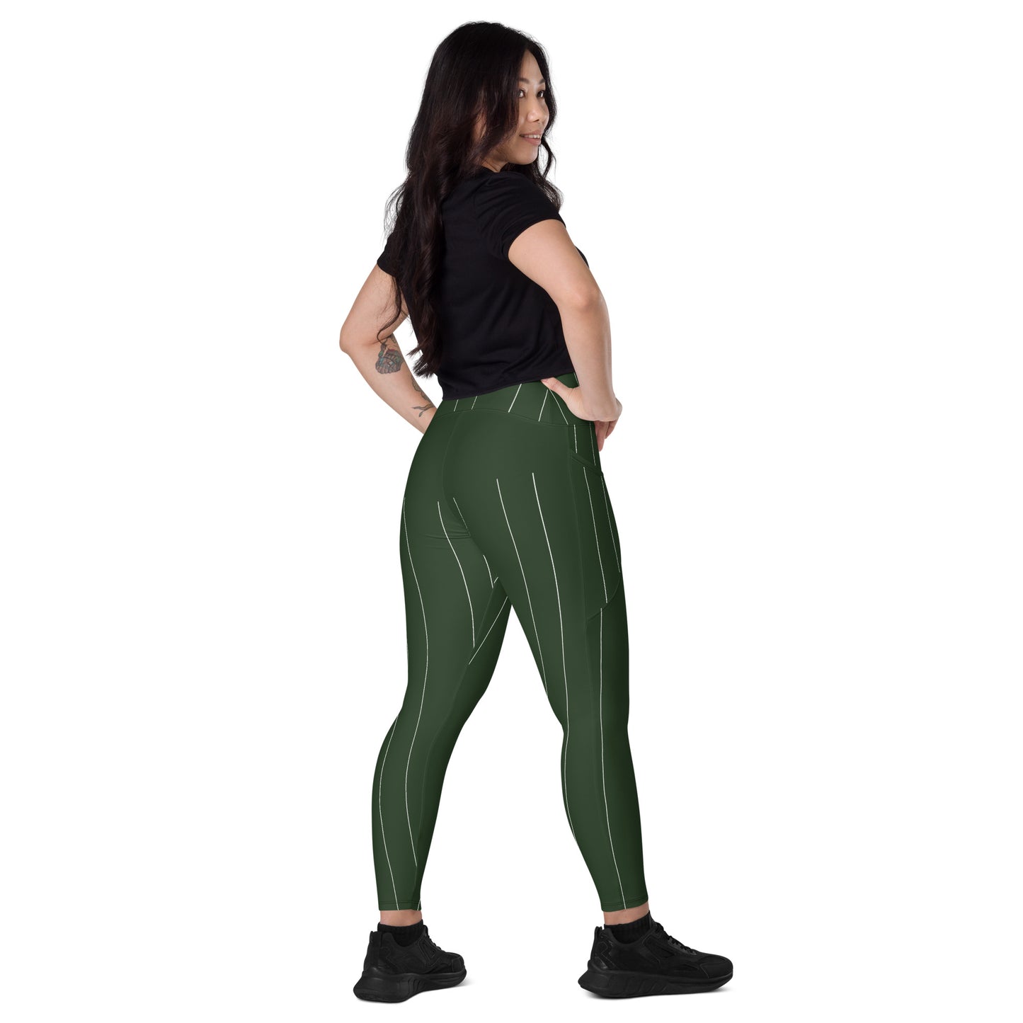 Green Stripe Crossover leggings with pockets