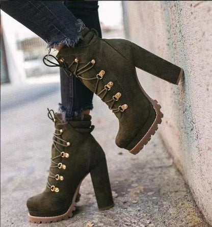 Women Round Toe Lace Up High Heel Boots