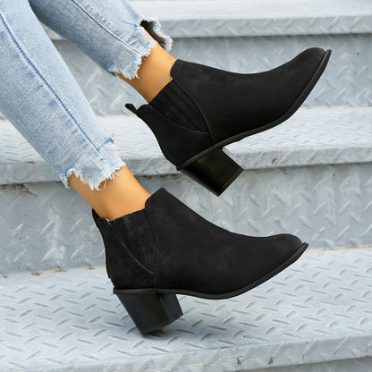 Women Pointed Toe Thick Square Heel Ankle Boots