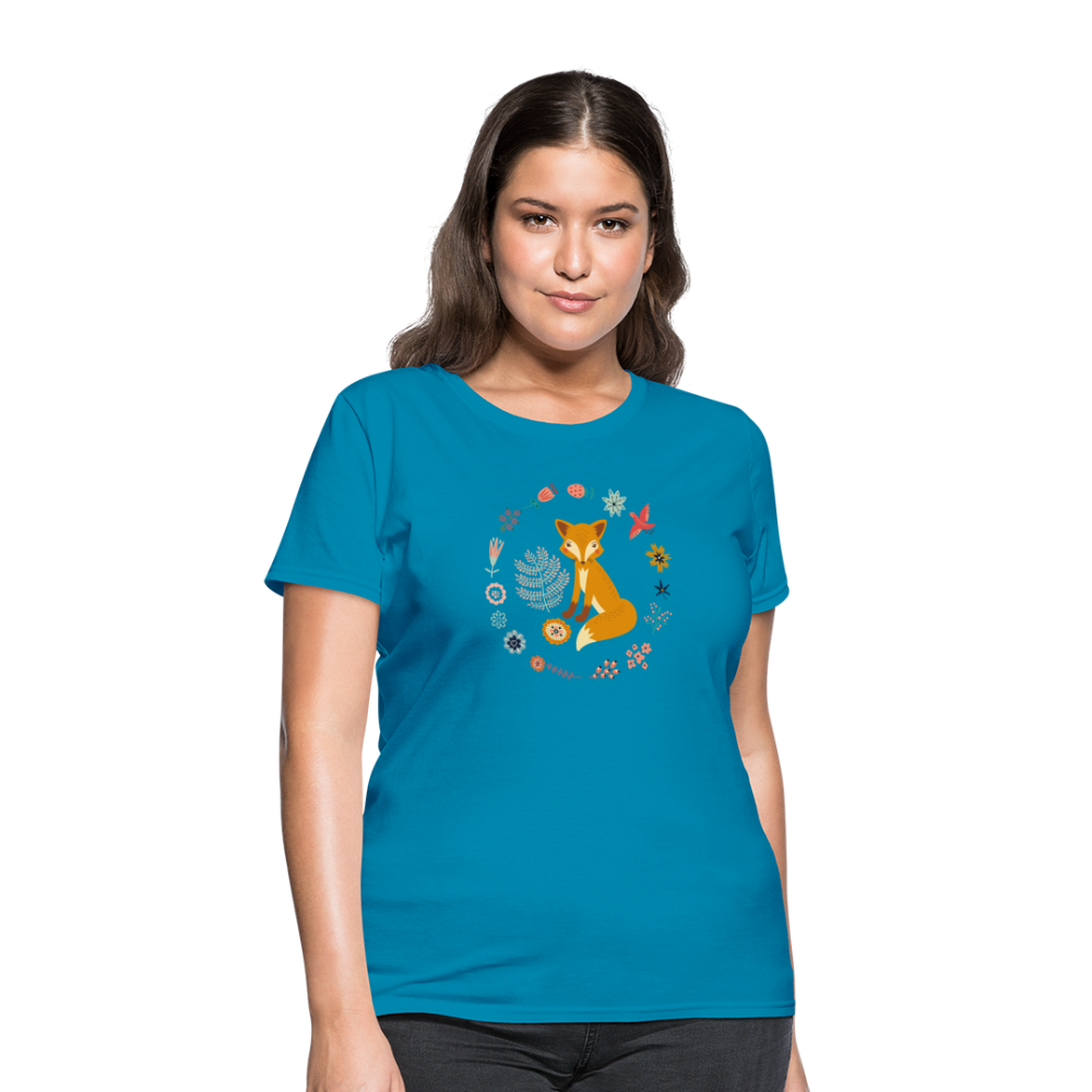 Women's Flower Fox T-Shirt - turquoise
