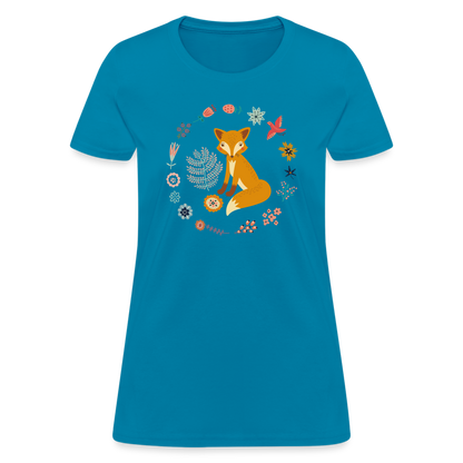 Women's Flower Fox T-Shirt - turquoise